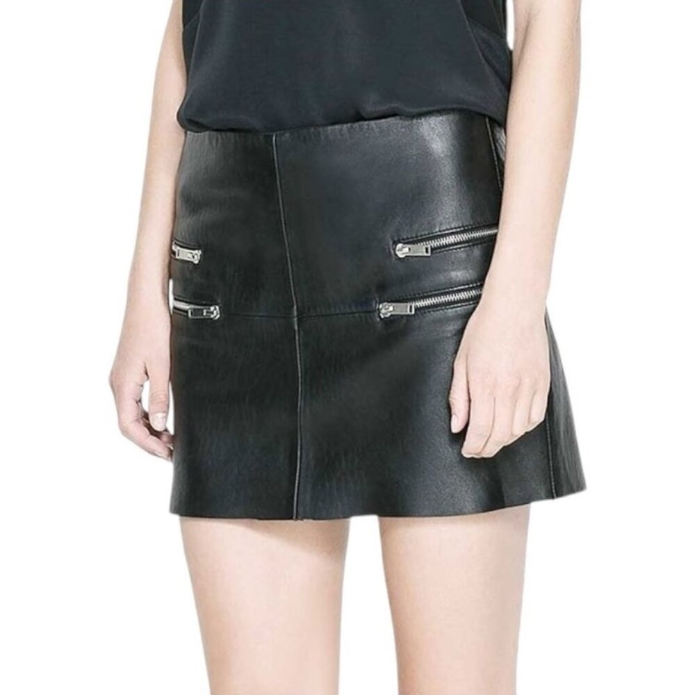 NWT - Zara - Black 100% Lambskin Leather Mini Skirt with Zipper Details - Medium